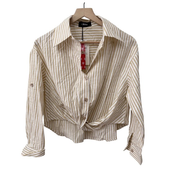 Cider Tops - Cider Button Down Shirt Size S Tan White Striped Twist Front Roll Tab Sleeve